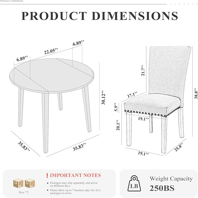 COLAMY 3-Piece Extendable Dining Set for 2, 36" Kitchen Round Wood Table with 2 Nailhead Dining Room Chairs,Light Brown/Beige