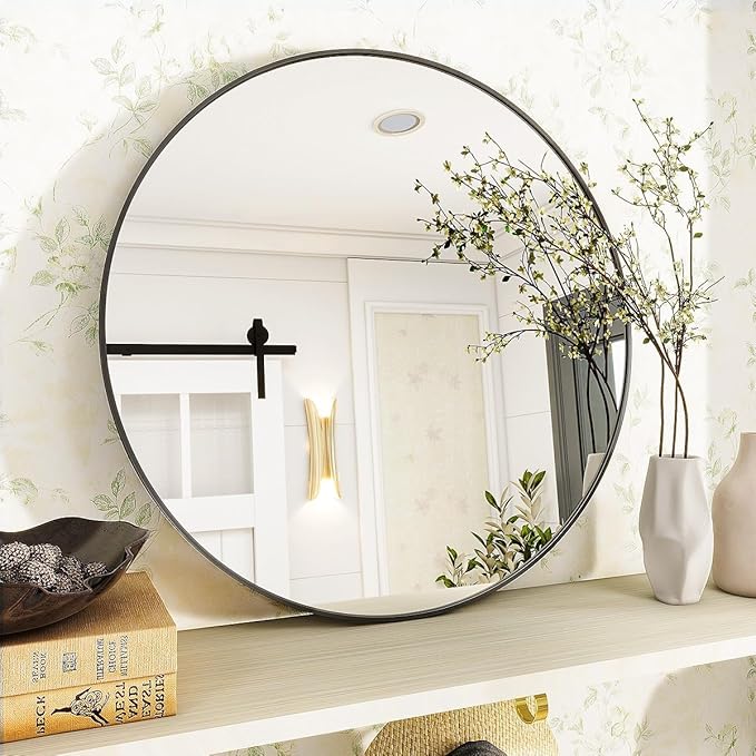 Black Round Bathroom Mirror, 20 inch Circle Wall Mounted Hanging Mirror with Simple Modern Circular Metal Frame for Hallway, Entryway, Living Room, Black Frame