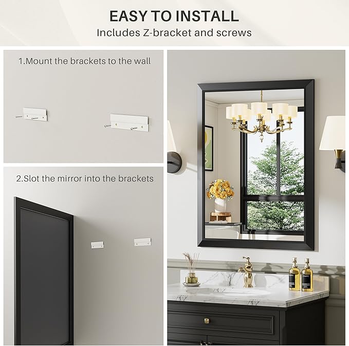 28x32 Inch Black Bathroom Mirror for Wall, Thick Metal Framed Rectangle Mirrors for Over Sink, Bedroom, Living Room, Entryway, Anti-Rust, HD Tempered Glass