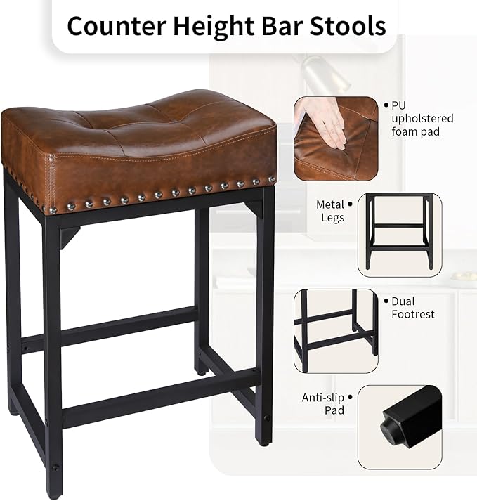 Bar Stools Set of 2, Counter Height Bar Stools for Kitchen Counter, 24 Inch Saddle Barstools Kitchen Stools, Counter Height Stools for Bar, Kitchen, Island-Brown