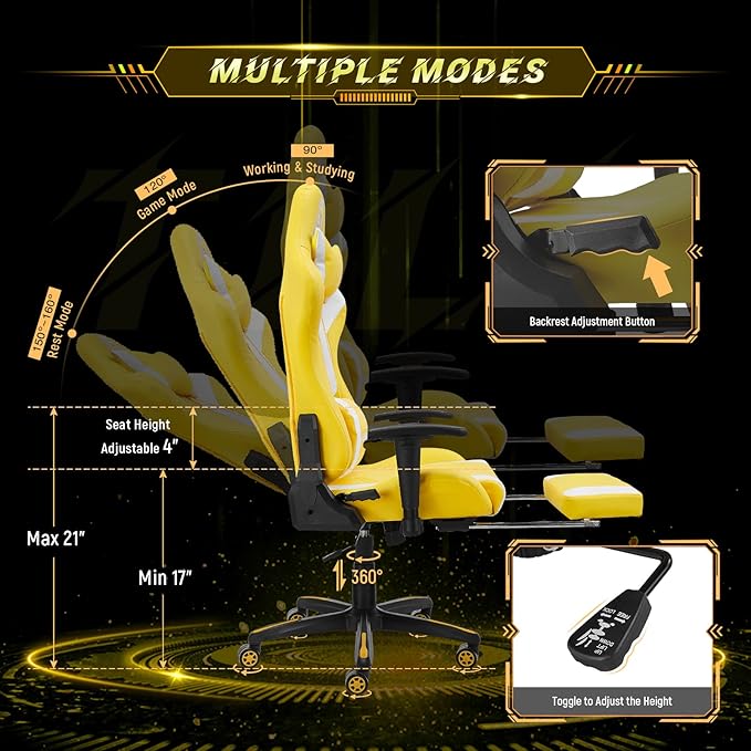 AA Products Gaming Chair - High Back Ergonomic Computer Racing Chair with Footrest, Lumbar Support and Swivel - YellowWhite