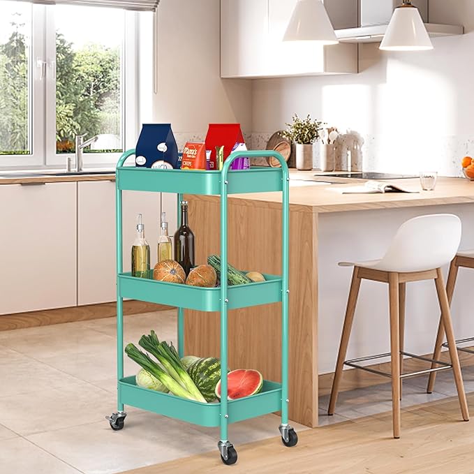 3-Tier Rolling Metal Storage Cart with Wheels, Multi-Functional Organizer for Office, Kitchen, Bathroom, Books Diapers - Easy Assembly (Blue)