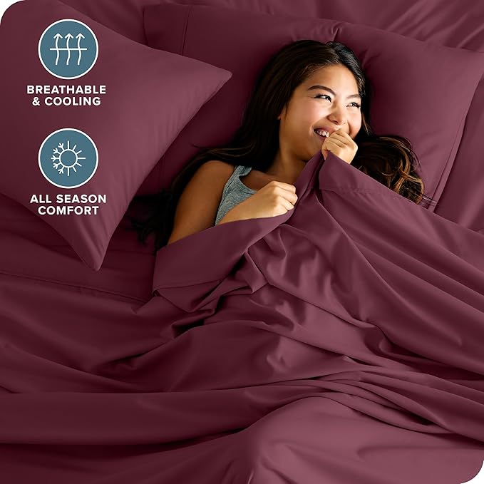 Bare Home Ultra-Soft Split Head Flex King Sheet Set - Luxury 1800 - Hydro-Brushed - Deep Pockets - Easy Fit - 4 Piece Set - Bedding Sheets & Pillowcases (Split Head Flex King, Burgundy)