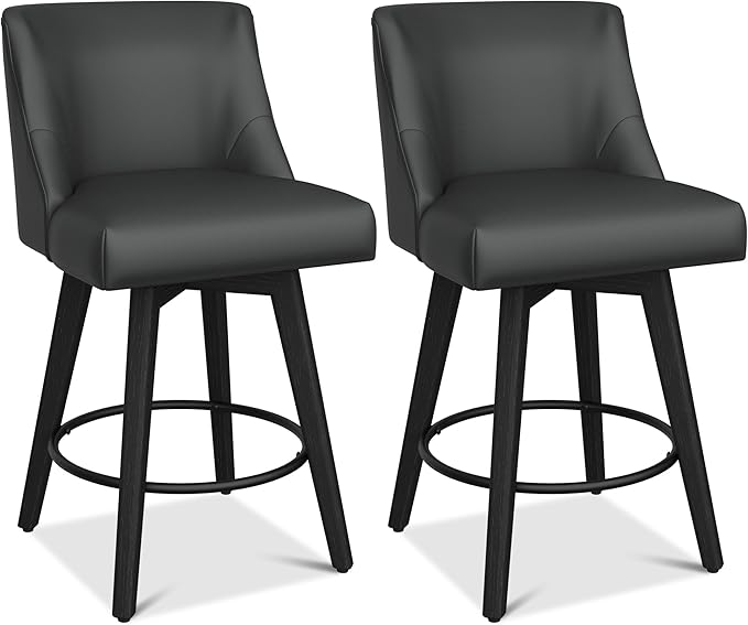 Counter Height Bar Stools Set of 6, Modern Swivel Barstools with Back and Wood Legs, Faux Leather Upholstered Bar Chairs, 26" H Kitchen Counter Stools, Kitchen Island Home Bar, Black Grey