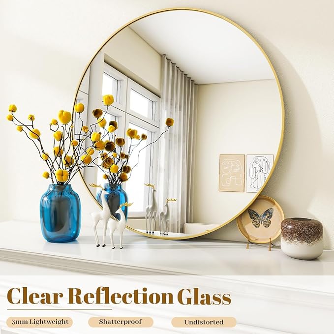 Gold Round Bathroom Mirror, 20 inch Circle Wall Mounted Hanging Mirror with Simple Modern Circular Metal Frame for Hallway, Entryway, Living Room, Gold Frame