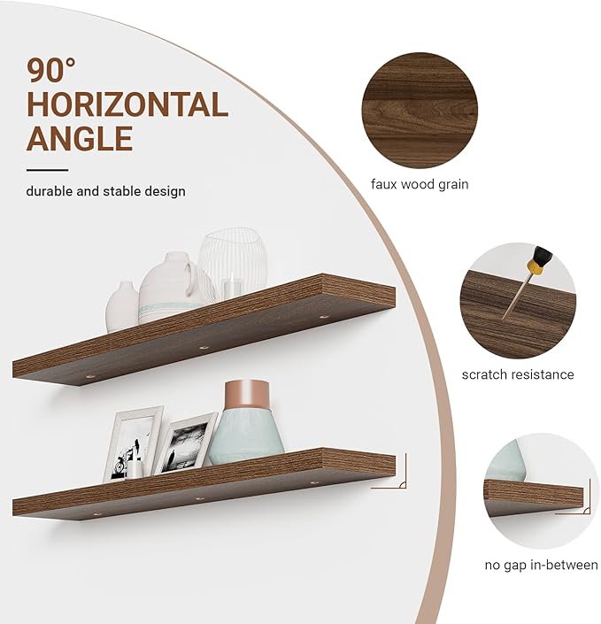 Heimlove Floating Shelves for Wall 48 Inches Long,9.3" Deep Walnut Floating Shelf Set of 2,Wall Mounted Wood Shelves for Bathroom Bedroom Living Room Kitchen Office,Shelf for Books Storage Room Decor