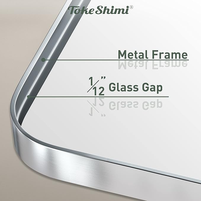 TokeShimi 60 x 36 Inch Brushed Silver Bathroom Mirror for Wall Brushed Brass Metal Rounded Corner Rectangle Mirror Metal Frame Deep Set Design Hangs Horizontal Or Vertical