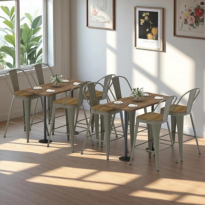 Metal Bar Stools Set of 4, High Back Bar Stools with Wooden Seat, 26 inch Rusty Barstools for Kitchen Island