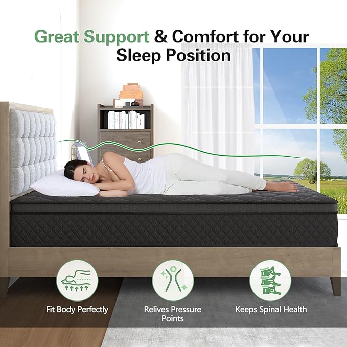 Twin Mattress, 14 Inch Medium Hybrid Mattresses Euro Top for Back & Lumbar Support, 100 Night Trial, Individual Pocket Spring Bed for Motion Isolation & Pressure Relief