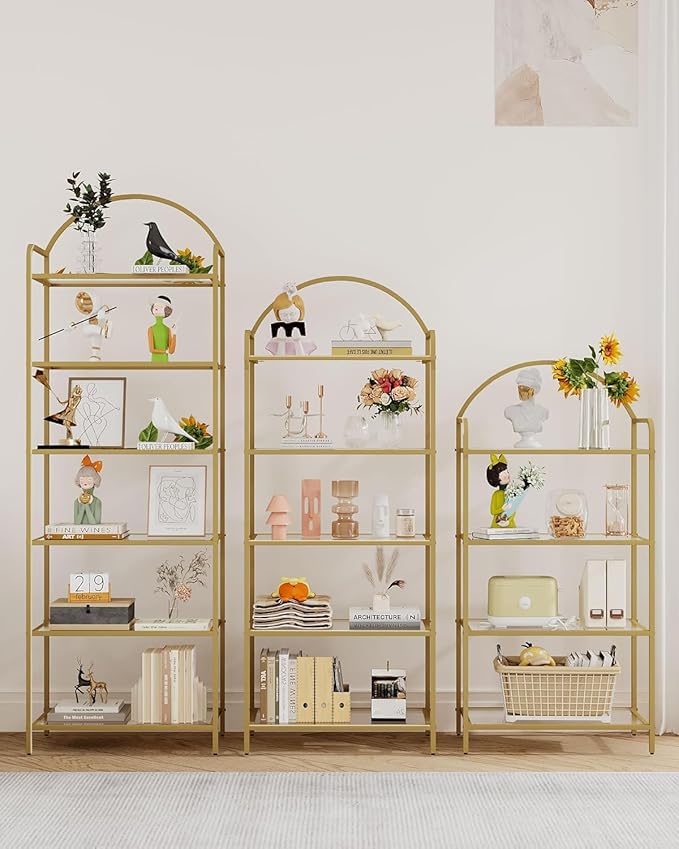 Bookcase Bookshelf, Tempered Glass Bookshelves, Slim Shelving Unit for Bedroom, Bathroom, Home Office, Steel Frame, 5 Tier Gold BC21599G