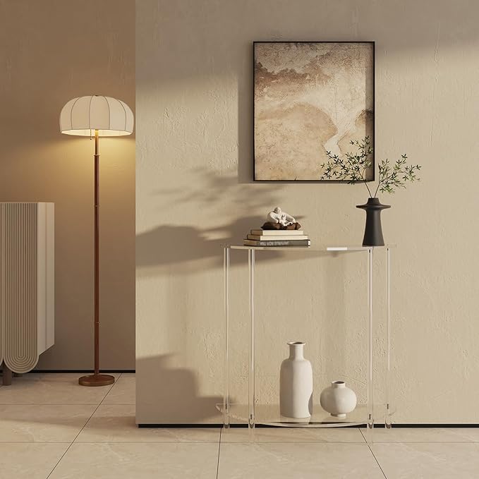 Acrylic Console Table, 2-Tier Half Moon Sofa Couch Table with Storage Shelf, 29.53" Narrow Entryway Table for Bedroom, Living Room, Foyer, Hallway (Clear)