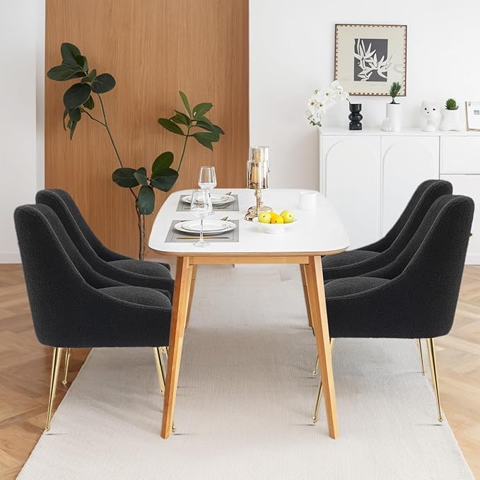 Dining Chairs Medieval Modern Restaurant Chairs, Soft Cushions, Teddy Velvet, Polished Gold Metal Legs, Kitchen Chairs, Living Room Black 4-Piece Set