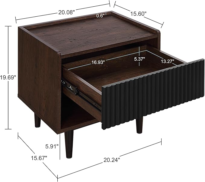 Manhattan Comfort Duane Modern Ribbed Nightstand Set of 2, Bedside Table with Full Extension Drawer and Open Shelf, Industrial Chic Living Room and Bedroom Furniture, Black