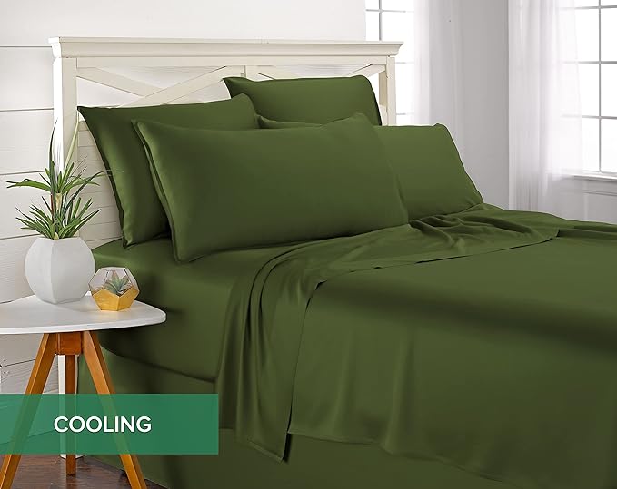 California King Sheets by Pure Bamboo, Genuine 100% Organic Viscose Derived from Bamboo Bed Sheet Set, Soft & Cooling, Double Stitching, Lifetime Quality Promise (California King, Pesto)