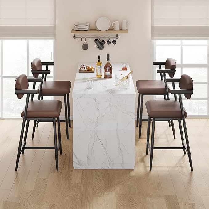 GarveeHome Counter Height Bar Stools of 4 with Armrests, 4 Piece Counter Height Bar Stools Set with Back, Upholstered Seat & Metal Footrest for Kitchen Islands, Counter Bars, Retro Brown