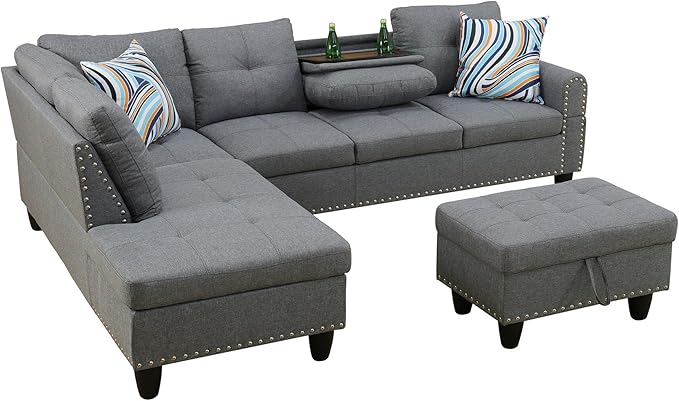 L Shaped Couch Modern Sectional Couch Upholstered Linen Fabric 3 Pieces Sofas for Living Room with Chaise, Storage Ottoman for Office and Small Apartment, Charcoal