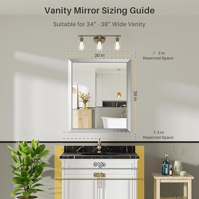 36x30 Inch Silver Bathroom Mirror for Wall, Thick Metal Framed Rectangle Mirrors for Over Sink, Bedroom, Living Room, Entryway, Anti-Rust, HD Tempered Glass