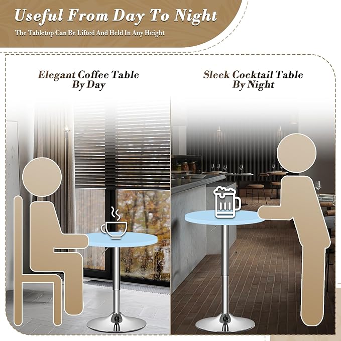 Athena Collection Bar Table with Swivel Top, Round Bistro Pub Bar Height Cocktail Table with Height Adjustable top and Metal Silver Base for Home Outdoor Party Event, Blue