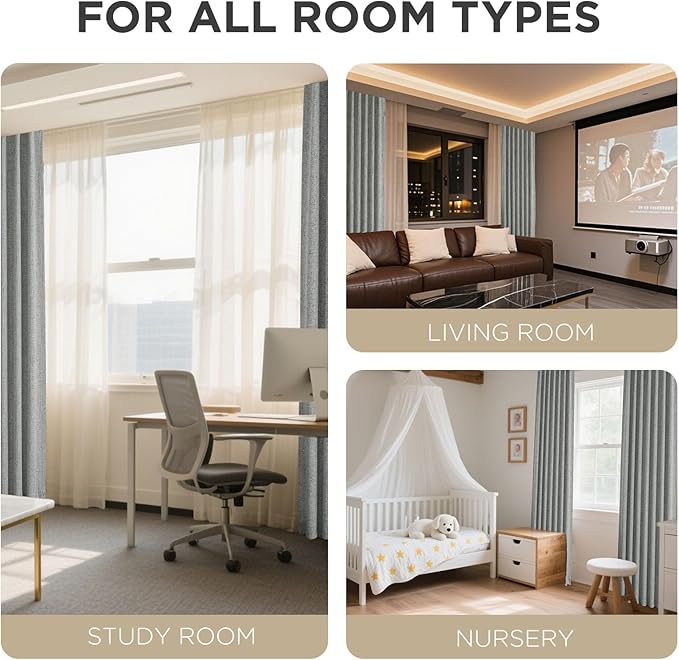 Joydeco 100% Blackout Curtains for Bedroom - Natural Linen Curtains 42" W x 108" L Long, Thermal Insulated 2 Panels Light Grey. Room Darkening Light Blocking Drapes for Living Room