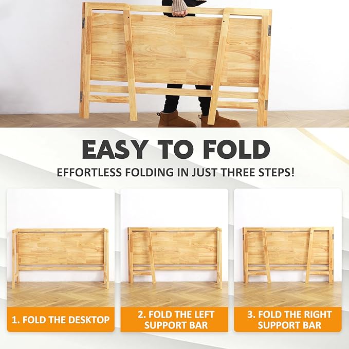 Solid Wood Folding Desk Mid Century Modern Table, 55'' Foldable Writing Computer Desk for Home Office, Simple Study Makeup Workstation, Wooden Study Office Desk Table for Small Spaces, Natural Color