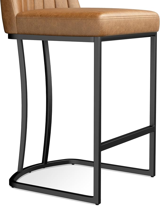 Bar Stools Set of 4, Faux Leather Counter Height Barstools, Upholstered Kitchen Counter Stools with Back and Stitching, 25.6" H Kitchen Island Stools Bar Chair, Metal Framed, Whisky Brown