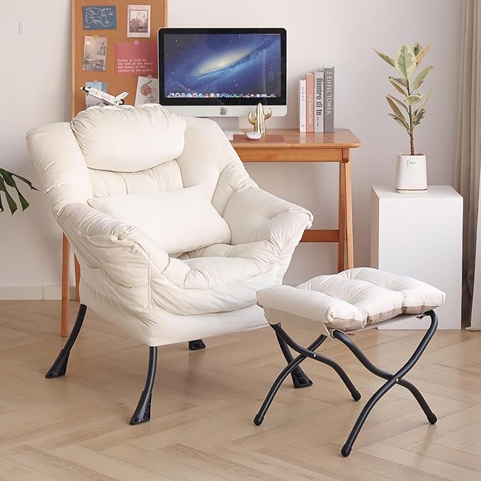 Lazy Chair with Ottoman, Modern Accent Chair with Lumbar Pillow, Comfy Chairs with Folding Footrest for Bedroom, Reading, Oversized Supportive Lounge Chairs(Velvet Beige)
