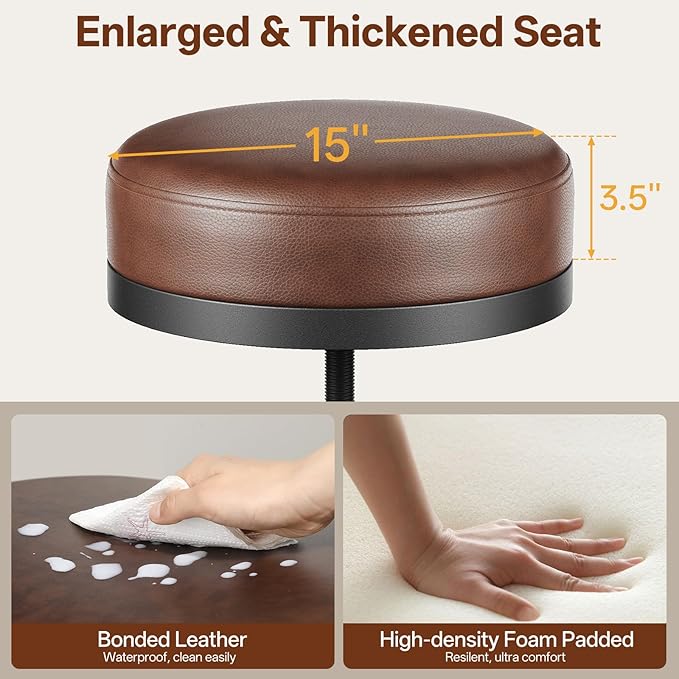 Adjustable Height Swivel Bar Stools Set of 3, 22-29 Inch Industrial Vintage Bar Counter Height Stools with Thicken Premium Bonded Leather Seats & Updated Footrests, Easy Assembly, Brown