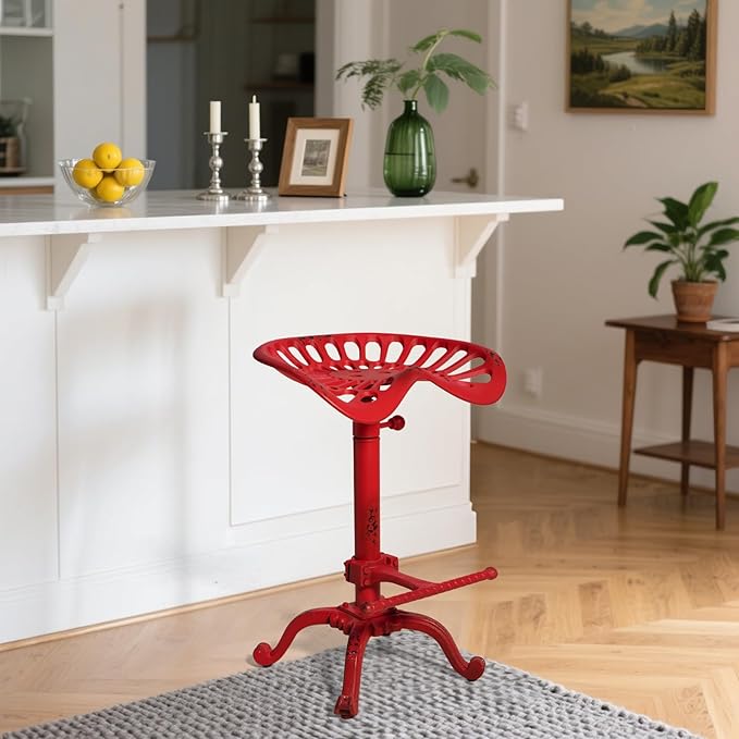 Diwhy Rustic Industrial Farmhouse Tractor Seat Adjustable Bar Stool Industrial bar Chair (Aged Red, Cast Iron)