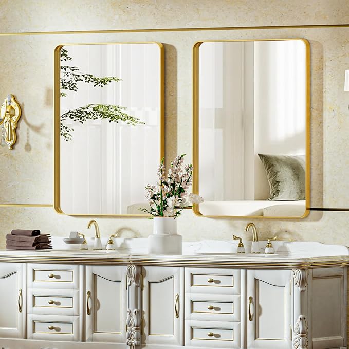 Bathroom Mirror 20x30 inch, Gold Gorgeous Deep Frame Wall Mirror, Modern Round Corner Bathroom Vanity Mirror for Bedroom, Living Room, Hanging or Leaning Horizontal or Vertical, Gold