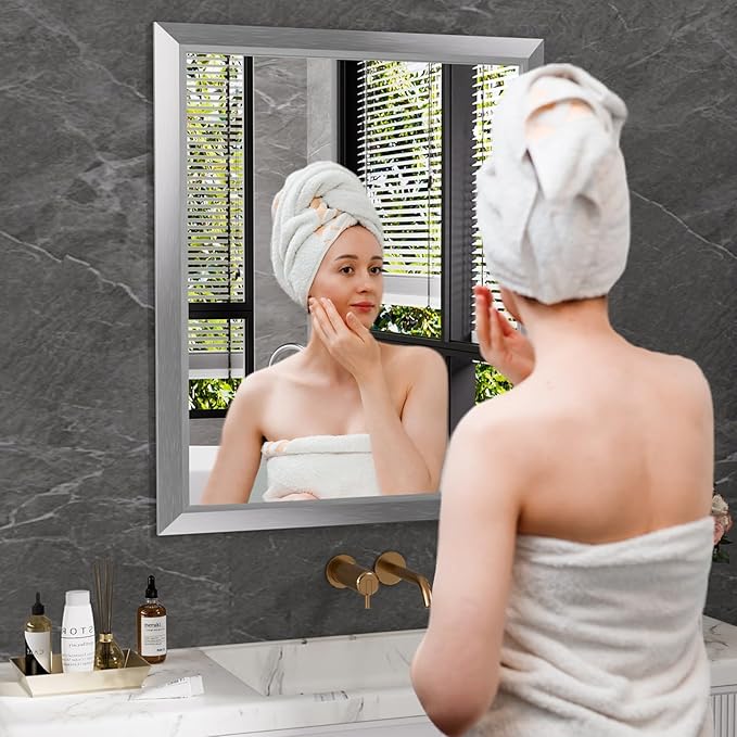 Amorho 24x32 Inch Bathroom Mirror Silver, Thick Metal Framed Wall Mirrors for Over Sink, Brushed Nickel Mirror Perfect for Bedroom, Living Room, Entryway, Rectangle (Horizontal/Vertical).