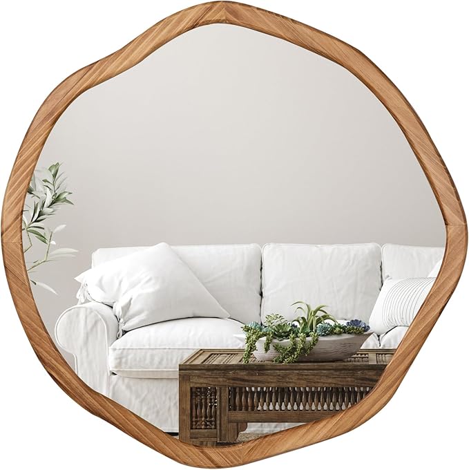 ULIKE Round Wood Mirror, 30 Inch Asymmetrical Circle Vanity Mirror with Wood Frame, Rustic Decorative Wall Mount for Bathroom Bedroom Living Room Entryway