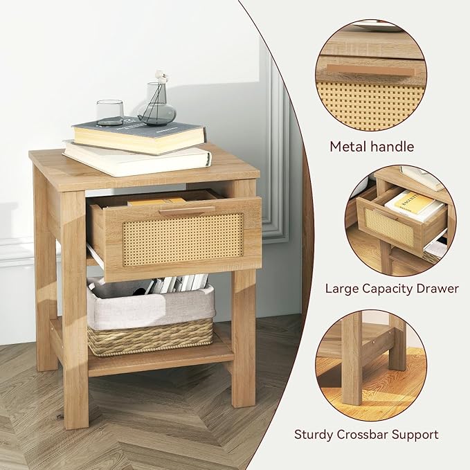 IBUYKE Rattan Nightstand Set of 2, Boho Night Stand with Drawer, Wood Bedside Tables with Storage Shelf, End Table with Legs for Bedroom, Natural UWNS011N-2