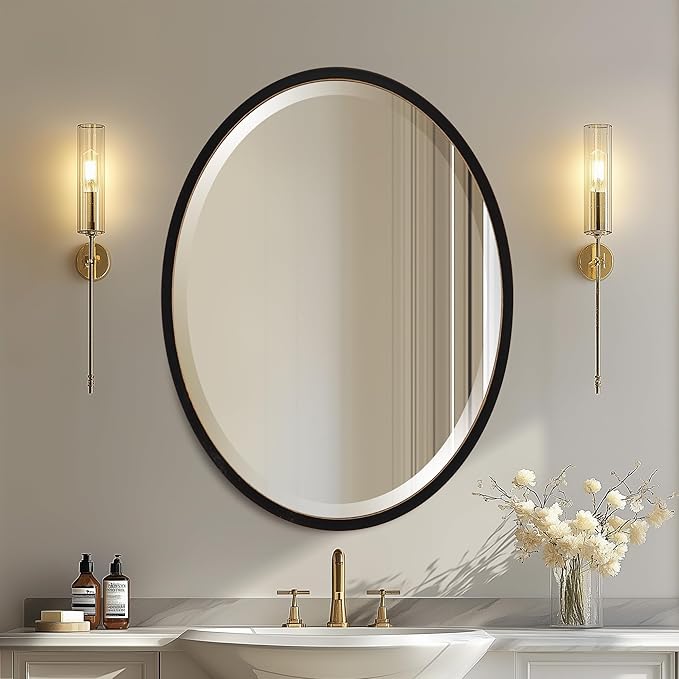 OVALCREST - Oval Wooden Beveled Wall Mirror for Home Decor, Bathroom, Vanity, Bedroom, Living Room, Hallway - London Style (Rubbed Black) 21.1 x 25.1
