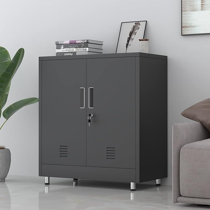 Metal Storage Cabinet with Locking Doors and Adjustable Shelf, Small Lockable Sideboard Buffet Cabinet for Home Office Hallway Entryway Living Dining Room (Black)
