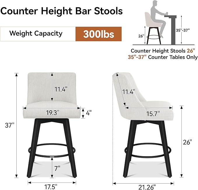 Counter Height Bar Stools Set of 2, Modern Swivel Barstools with Back and Wood Legs, Linen Fabric Upholstered Counter Height Stools, 26" H Kitchen Island Stools, Home Bar, Pub, Ivory
