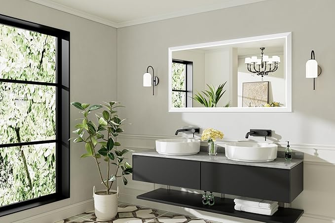 55x30 Inch White Bathroom Mirror for Wall, Thick Metal Framed Rectangle Mirrors for Over Sink, Bedroom, Living Room, Entryway, Anti-Rust, HD Tempered Glass
