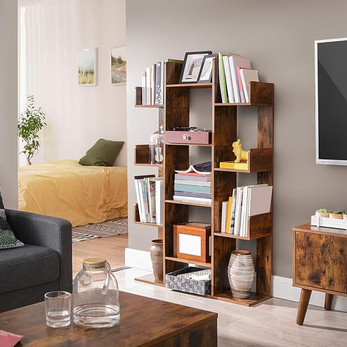 VASAGLE 6-Tier Bookshelf, Tall Display Shelf, Freestanding Storage Shelf, Rustic Brown ULBC61BX Tree-Shaped Bookcase with 13 Storage Shelves, 9.8”D x 33.9”W x 55.1”H, Rustic Brown ULBC67BXV1