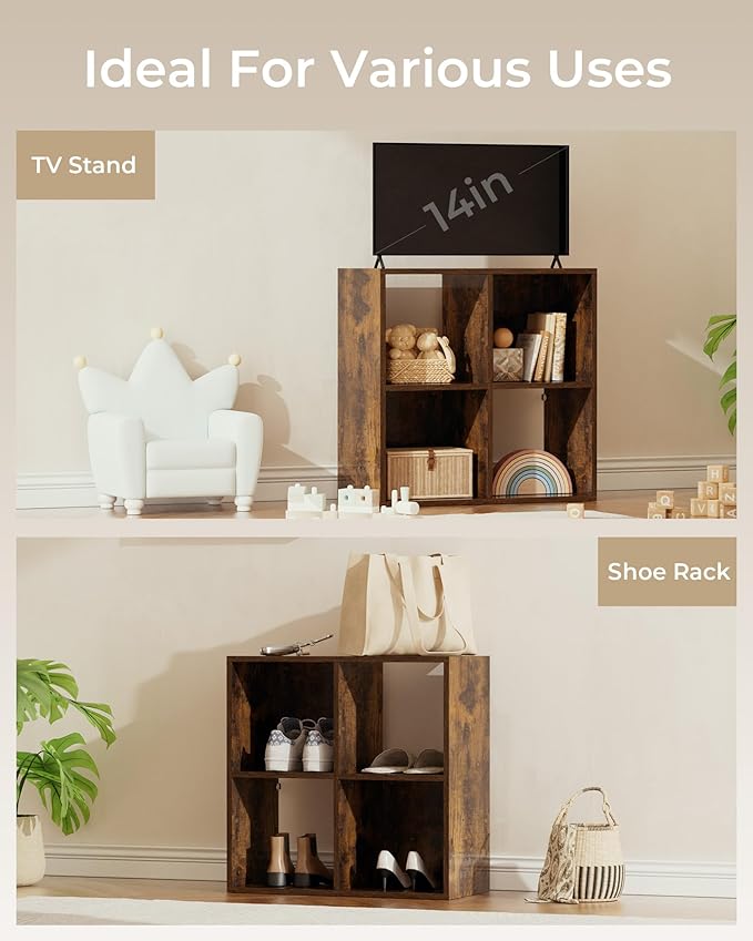 GTPLAYER 4-Cube Storage Organizer, Fits 11" Bins, Vertical or Horizontal Use, Opening Bookshelf, Partial Back Panels, Stackable Design Bookcase, for Desk, Vanity, Entryway, Rustic Brown