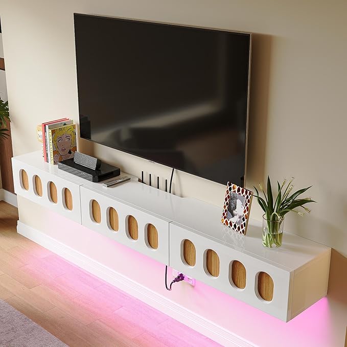 Floaticase Floating TV Stand, 86IN Fully Assembled High Gloss Wall Mounted Entertainment Center with Flip-Down Doors & Drawers, TV Console Under TV Shelf for Bedroom Livingroom