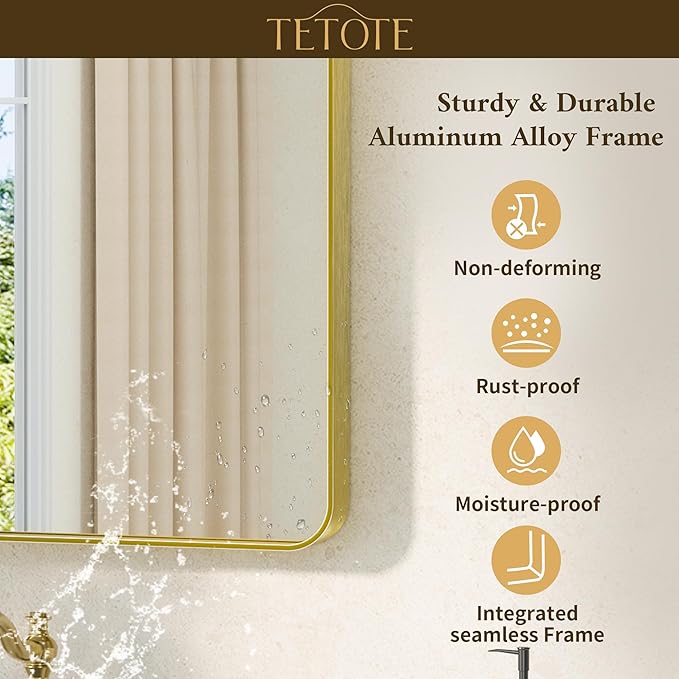 TETOTE Gold Mirror Bathroom 24 x 36 Brushed Gold Metal Framed Vanity Mirror, Tempered Glass, Modern Farmhouse Wall Mounted Mirrors for Decorative(Horizontal/Vertical)