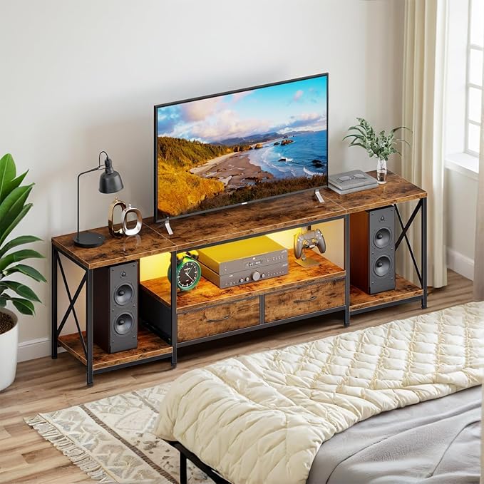 LED TV Stand with 2 Fabric Drawers for 65 60 55 Inch TV, Entertainment Center TV Stands for Living Room, Bedroom, TV Media Console Table with Storage Shelves, 55" Rustic Brown