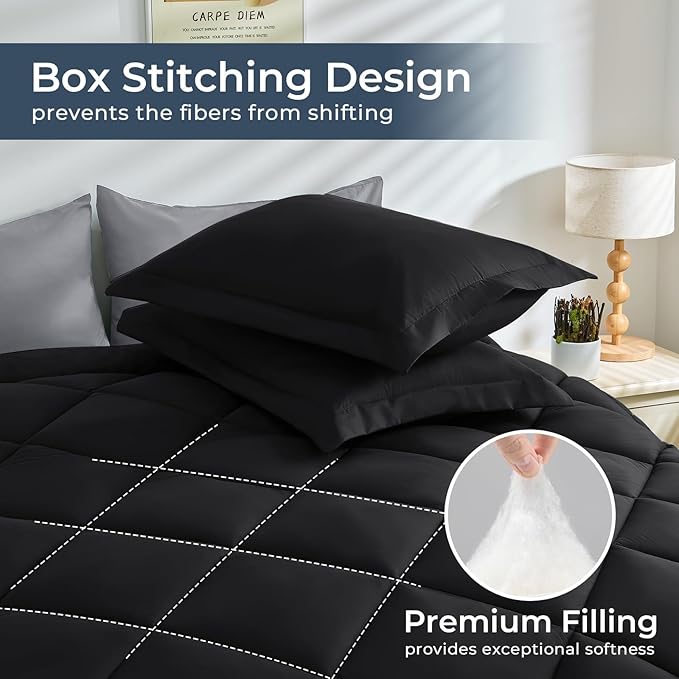 HEVUMYI Queen Comforter Set - 7-Piece All Season Bed in a Bag Queen, Ultra Soft Bedding Set with Comforter, Flat Sheet, Fitted Sheet, Pillowcases, Pillow Shams, Black & Light Grey