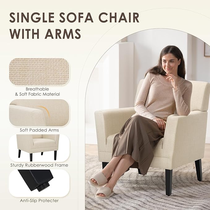 COLAMY Modern Accent Chair for Living Room, Upholstered Fabric Accent Armchair with Back, Soft Single Sofa Chair with Arms for Bedroom/Office/Reception Room, Oatmeal