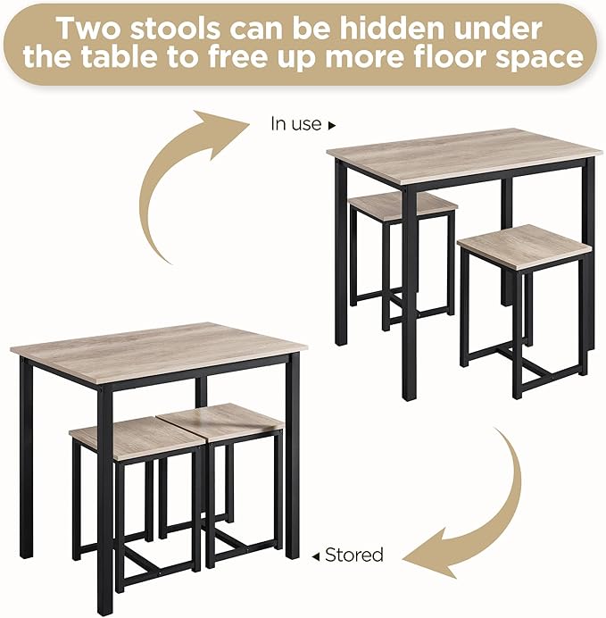 Yaheetech 3 Piece Dining Table Set - Kitchen Table & Chair Sets for 2 - Compact Table w/ 2 Stools & Space Saving Design for Dining Room Living Room Kitchen, Gray