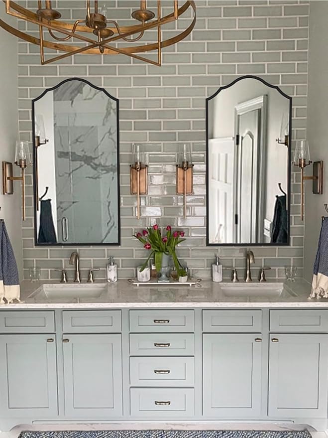 Arched Bathroom Mirror for Wall, 48"x24" Long Scalloped Entryway Mirror with Black Decorative Metal Frame for Living Room, Bedroom, Entryway