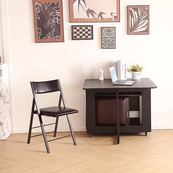 Folding table and chair set, dining table with extra large storage space and 4 universal wheels, matched with padded steel frame folding chairs, space-saving dining table and 4 chairs (Brown)