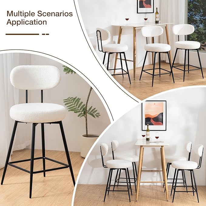 HOMMPA Counter Height Swivel Bar Stools Set of 4 Boucle Barstools 26'' Upholstered Modern Counter Barstools with Back Metal Legs Bar Stools Chairs for Kitchen Counter Island White