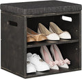 Bamboo Small Shoe Bench for Entryway 2 Tier Shoe Storage Bench with Cushion Adjustable Shoe Rack with Padded Seat for Living Room Hallway (Antique Black)