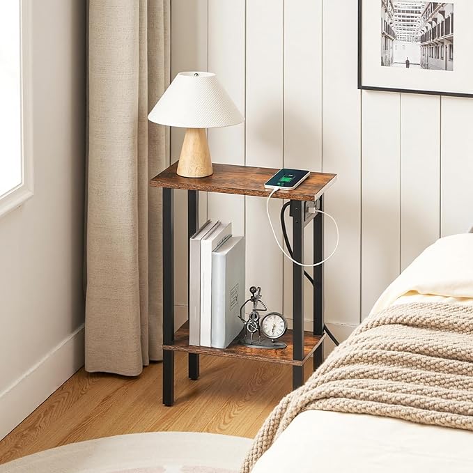 HOOBRO Small End Table with Charging Station, Narrow Side Table with USB Port and Outlets, Skinny Sofa Table, Slim Nightstand, Living Room, Bedroom, Rustic Brown and Black BF240UBZ01