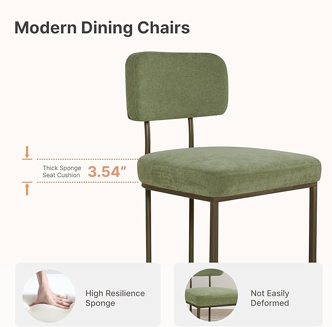 Dining Chairs Set of 2, Upholstered Modern Kitchen Chairs with Ergonomic Backrest, Fabric Cushion Seat & Metal Legs for Living Room, Restaurant, and Café, Green